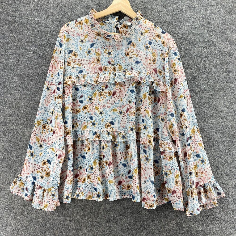 Sundance Blouse Women L Large White Floral Long Sleeve High Neck Hook&Eye Lined